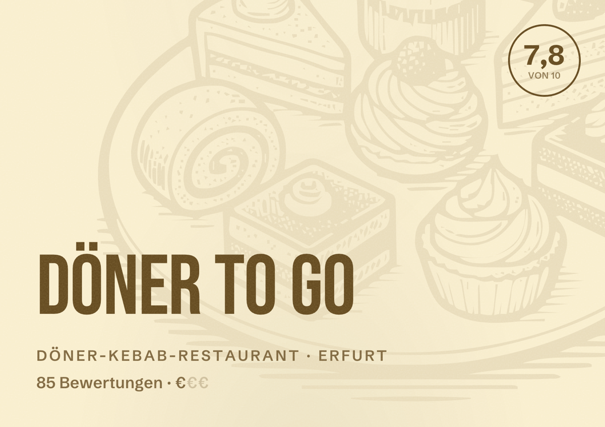 Illustriertes Poster von Döner To Go, Döner-Kebab-Restaurant in Erfurt: Bewertung 7,8 von 10 aus 85 Bewertungen, Preisniveau €