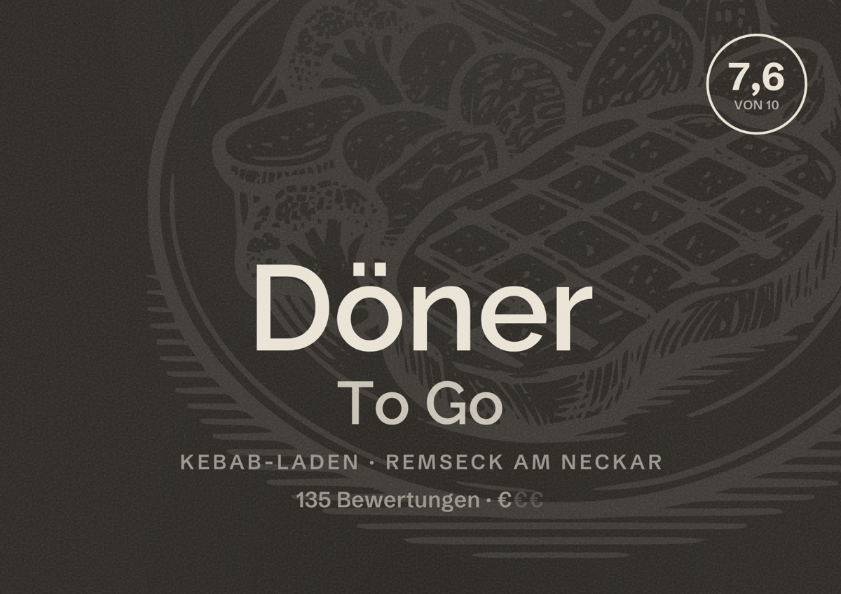 Illustriertes Poster von Döner To Go, Kebab-Laden in Remseck am Neckar: Bewertung 7,6 von 10 aus 135 Bewertungen, Preisniveau €