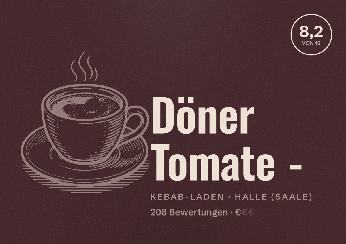 Illustriertes Poster von Döner Tomate -, Kebab-Laden in Halle (Saale): Bewertung 8,2 von 10 aus 208 Bewertungen, Preisniveau €