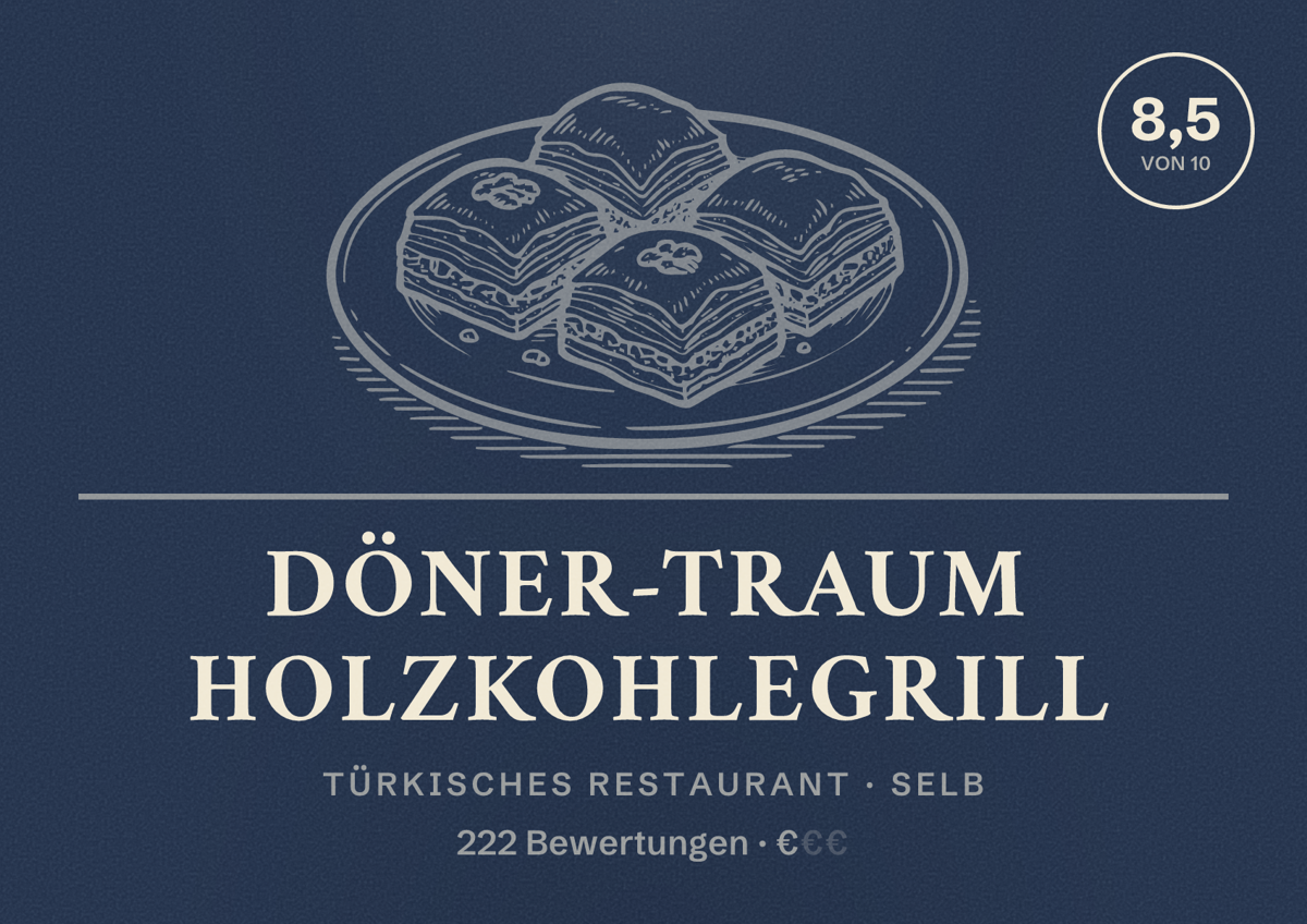 Illustriertes Poster von DÖNER-Traum Holzkohlegrill, Türkisches Restaurant in Selb: Bewertung 8,5 von 10 aus 222 Bewertungen, Preisniveau €