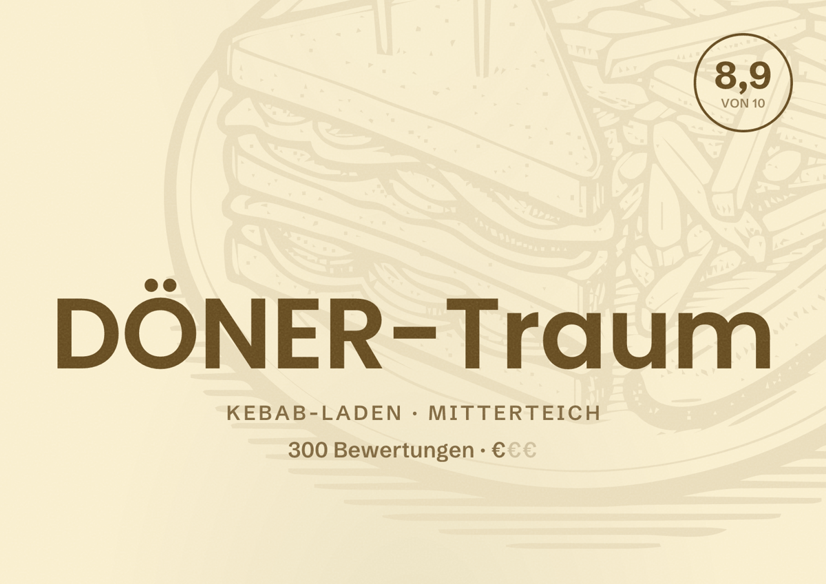 Illustriertes Poster von DÖNER-Traum, Kebab-Laden in Mitterteich: Bewertung 8,9 von 10 aus 300 Bewertungen, Preisniveau €