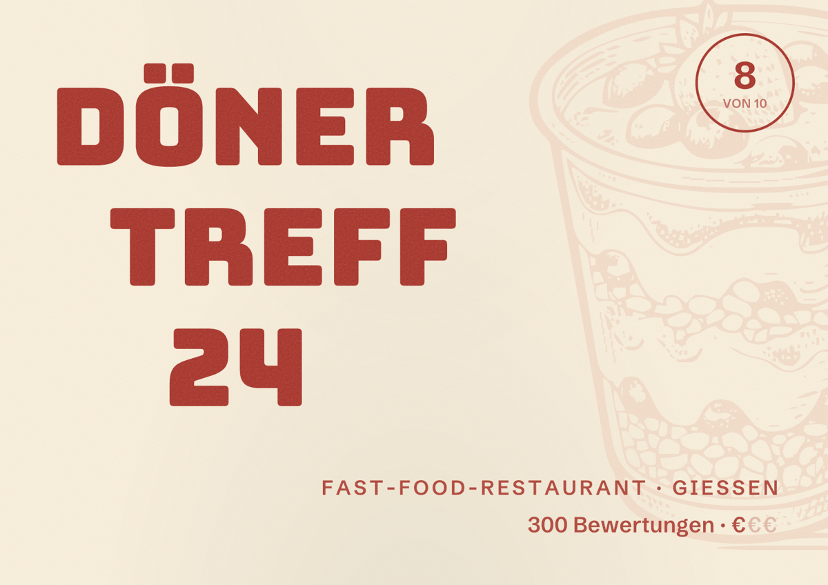 Illustriertes Poster von Döner Treff 24, Fast-Food-Restaurant in Gießen: Bewertung 8 von 10 aus 300 Bewertungen, Preisniveau €