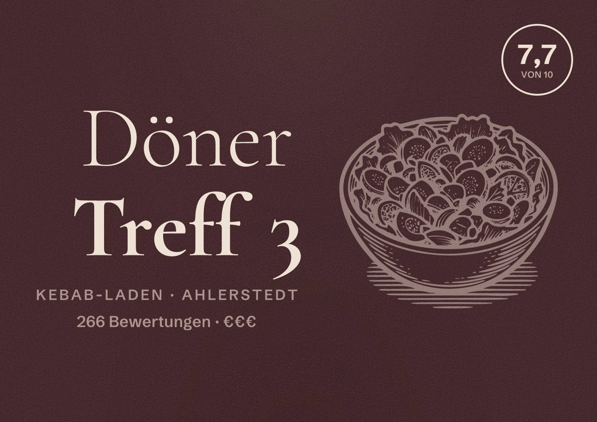 Illustriertes Poster von Döner Treff 3, Kebab-Laden in Ahlerstedt: Bewertung 7,7 von 10 aus 266 Bewertungen, Preisniveau €€€