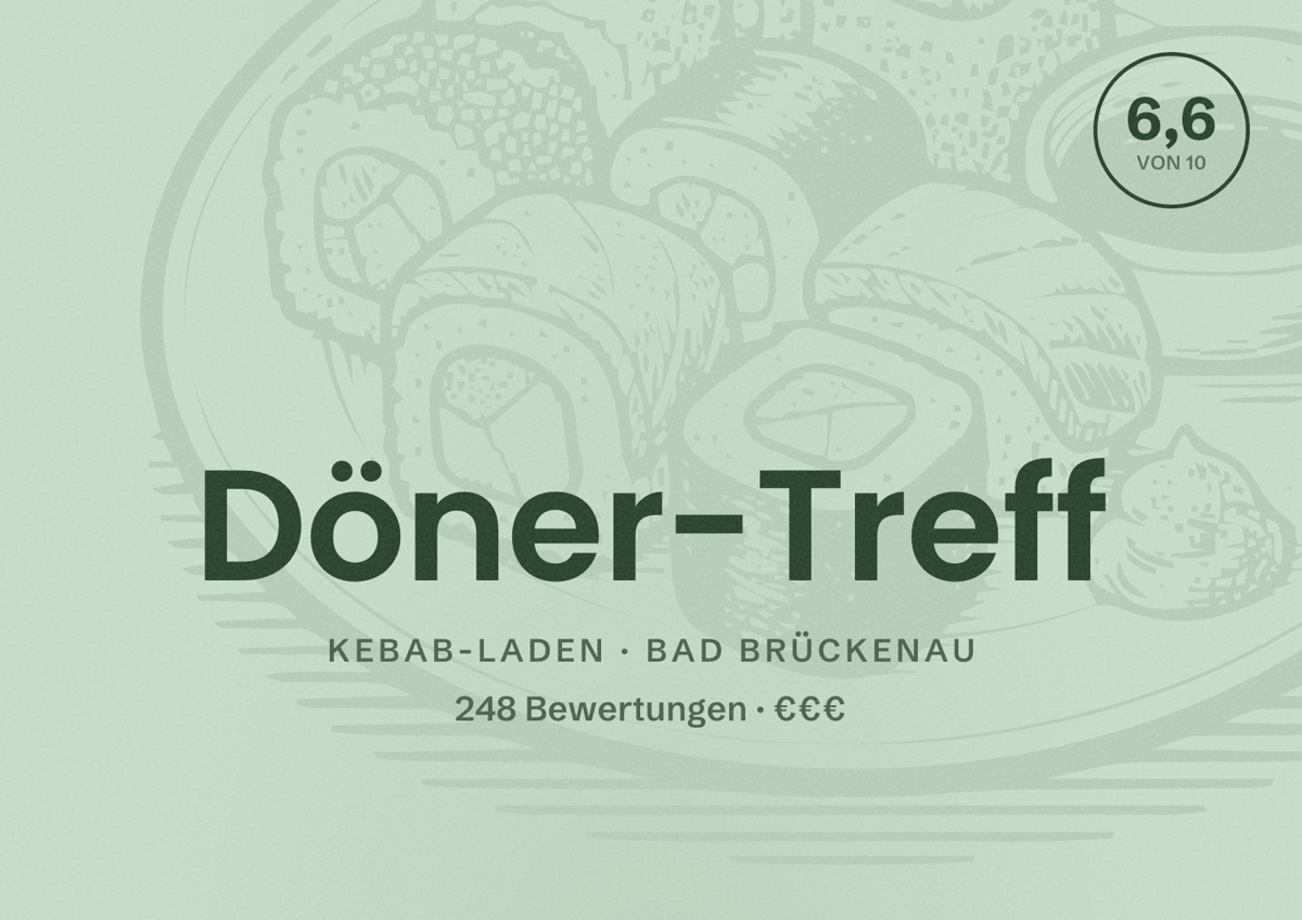 Illustriertes Poster von Döner-Treff, Kebab-Laden in Bad Brückenau: Bewertung 6,6 von 10 aus 248 Bewertungen, Preisniveau €€€