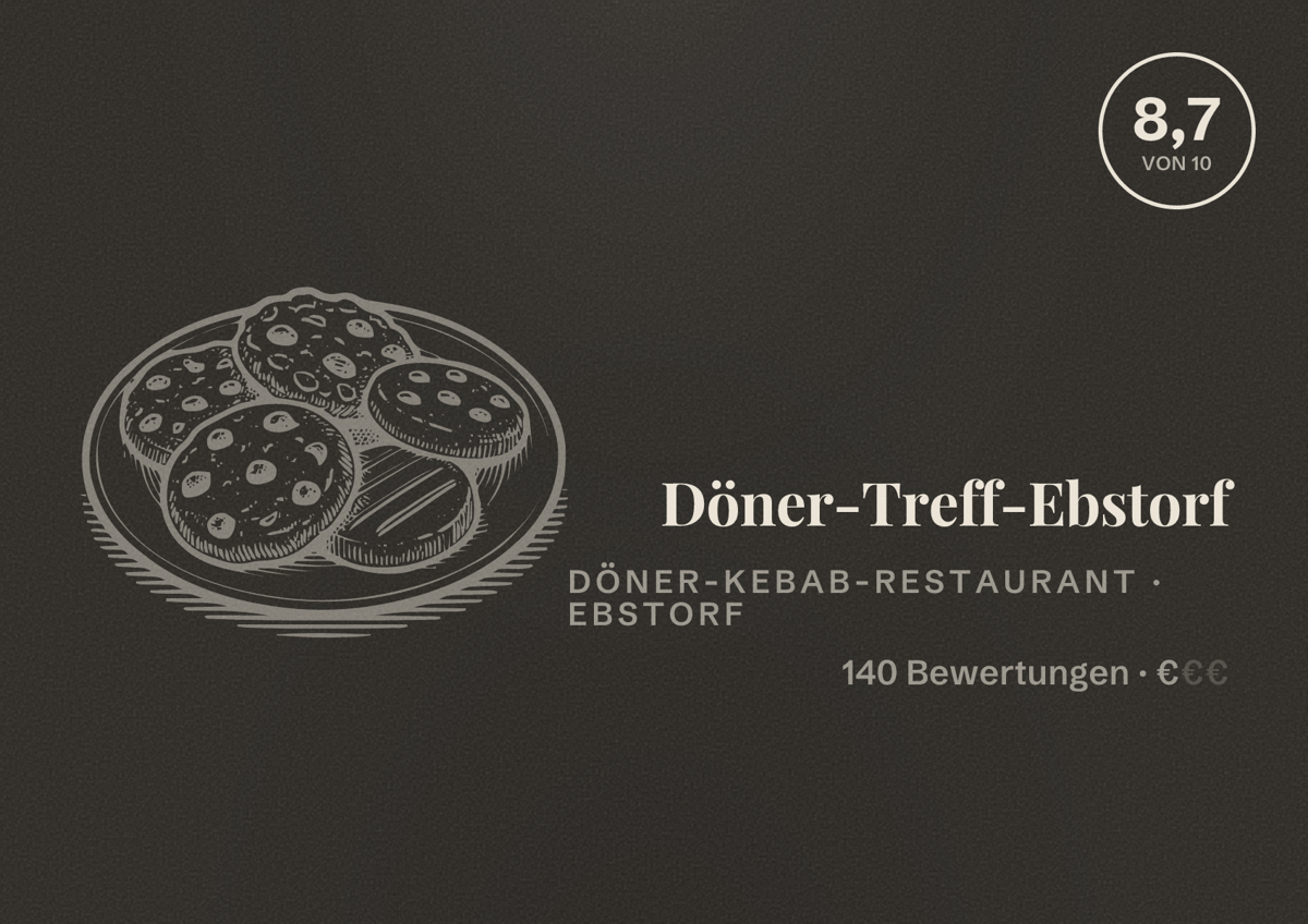 Illustriertes Poster von Döner-Treff-Ebstorf, Döner-Kebab-Restaurant in Ebstorf: Bewertung 8,7 von 10 aus 140 Bewertungen, Preisniveau €