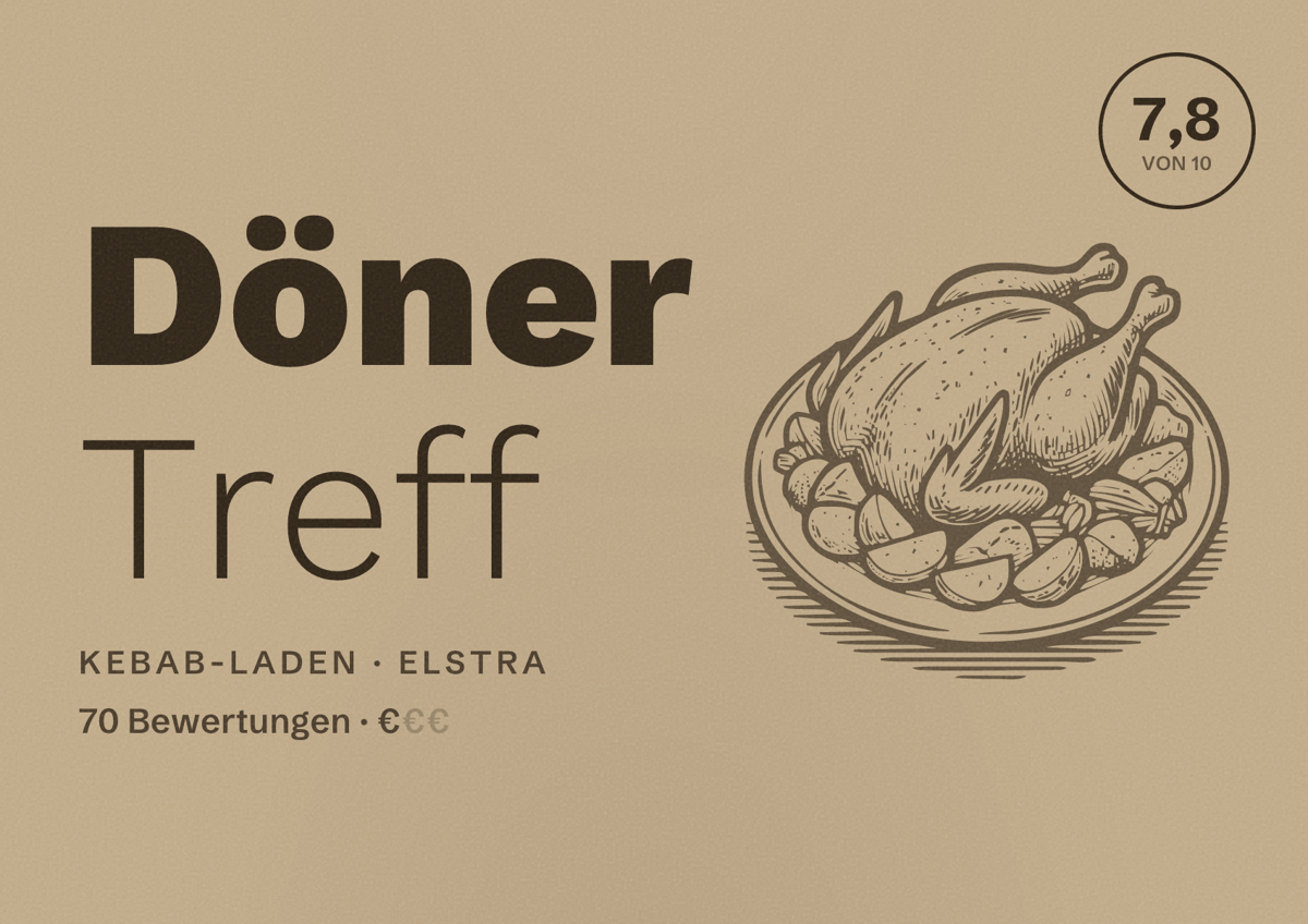Illustriertes Poster von Döner Treff, Kebab-Laden in Elstra: Bewertung 7,8 von 10 aus 70 Bewertungen, Preisniveau €