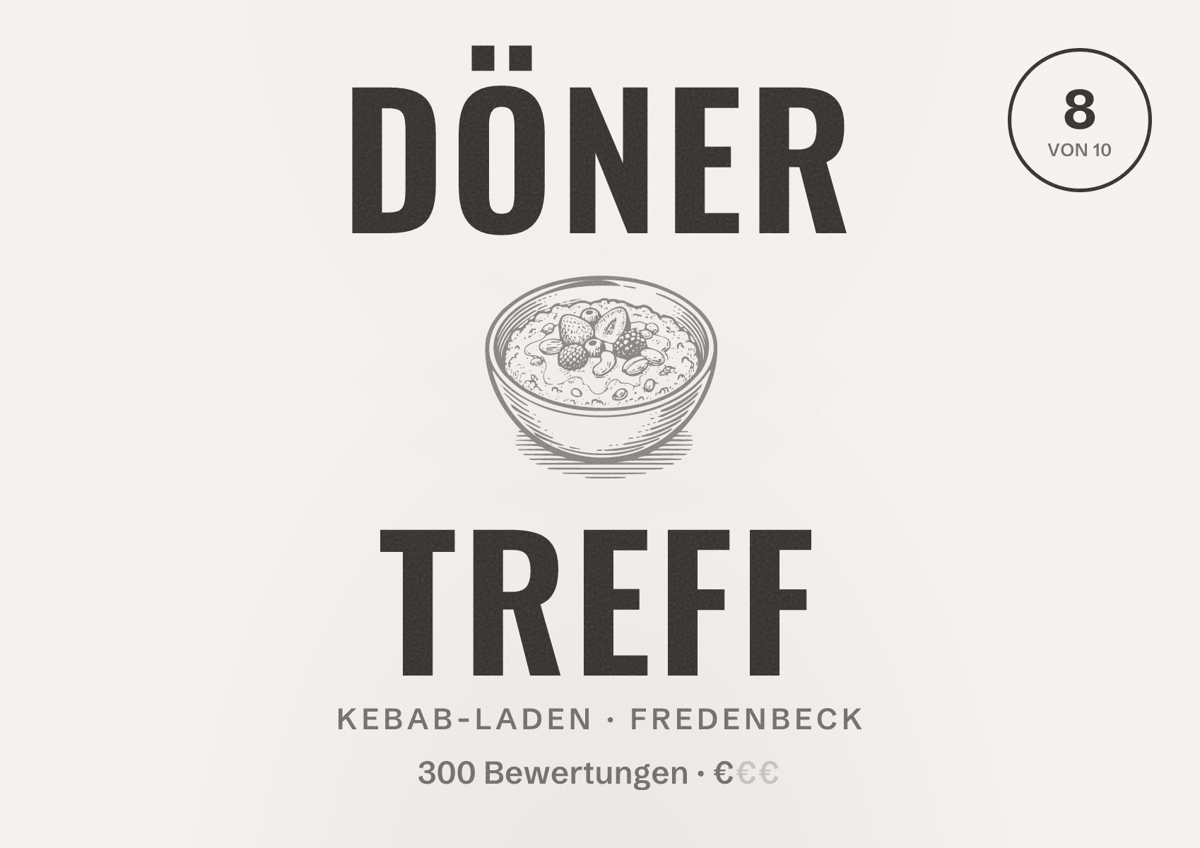 Illustriertes Poster von Döner Treff, Kebab-Laden in Fredenbeck: Bewertung 8 von 10 aus 300 Bewertungen, Preisniveau €