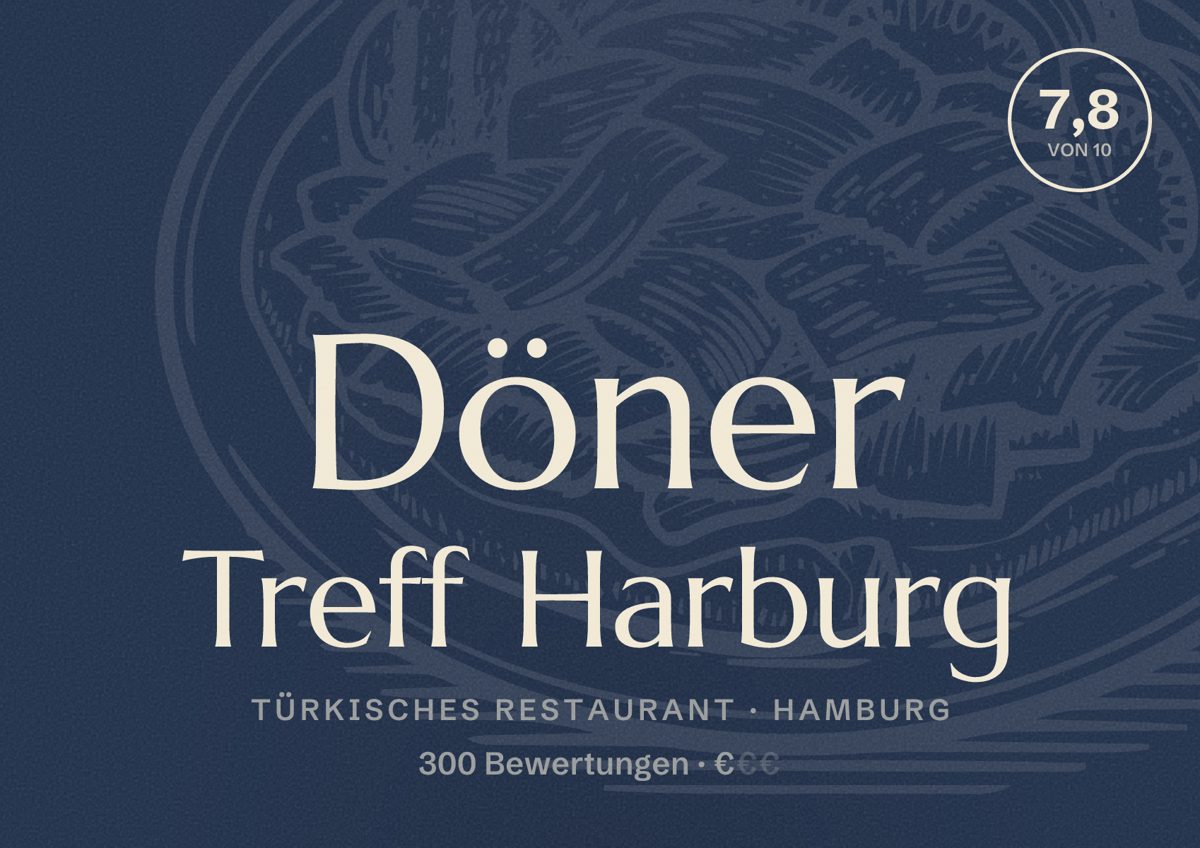 Illustriertes Poster von Döner Treff Harburg, Türkisches Restaurant in Hamburg: Bewertung 7,8 von 10 aus 300 Bewertungen, Preisniveau €
