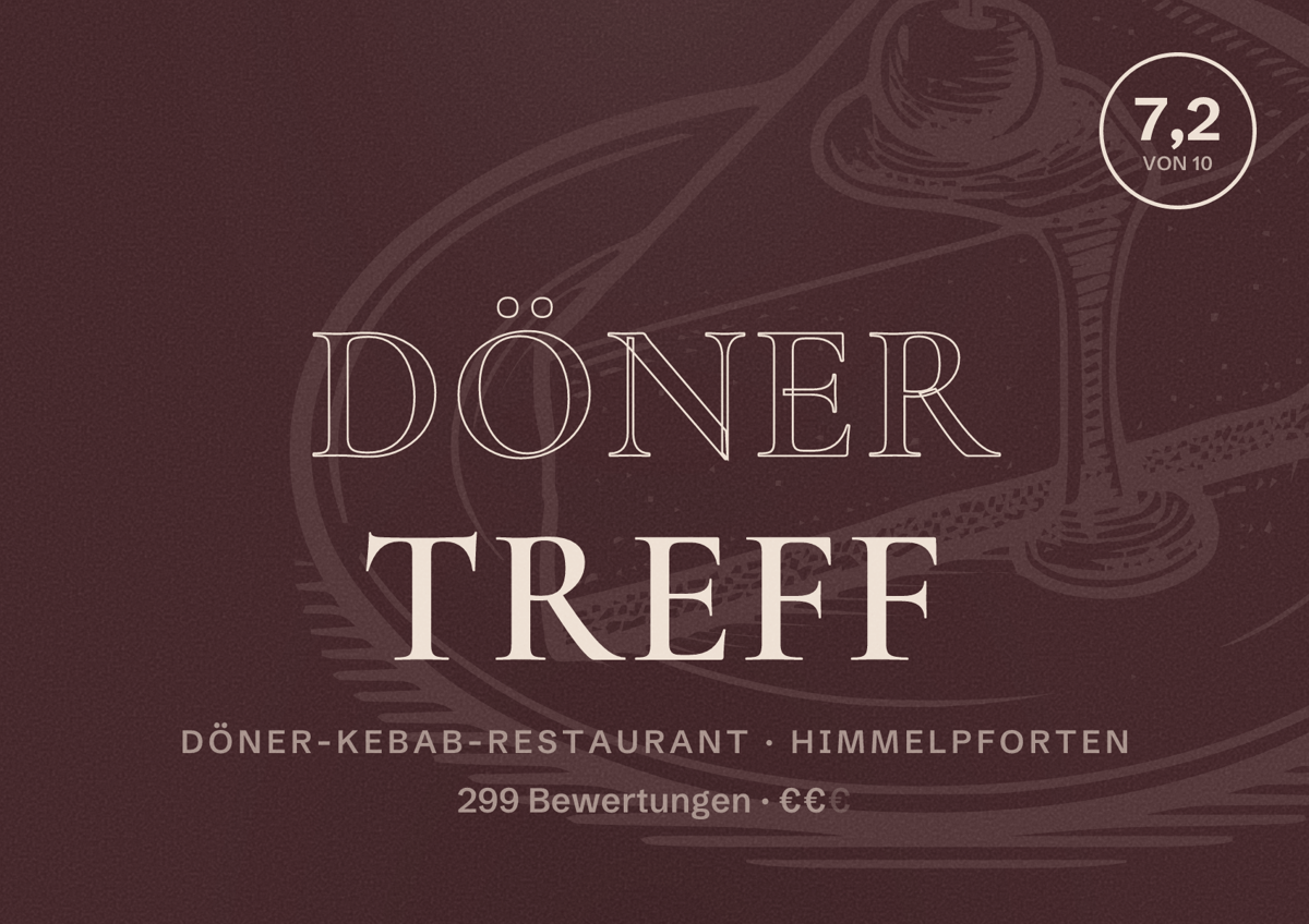Illustriertes Poster von Döner Treff, Döner-Kebab-Restaurant in Himmelpforten: Bewertung 7,2 von 10 aus 299 Bewertungen, Preisniveau €€