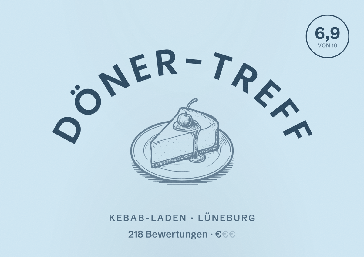 Illustriertes Poster von Döner-Treff, Kebab-Laden in Lüneburg: Bewertung 6,9 von 10 aus 218 Bewertungen, Preisniveau €