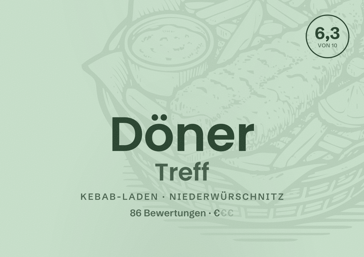 Illustriertes Poster von Döner Treff, Kebab-Laden in Niederwürschnitz: Bewertung 6,3 von 10 aus 86 Bewertungen, Preisniveau €