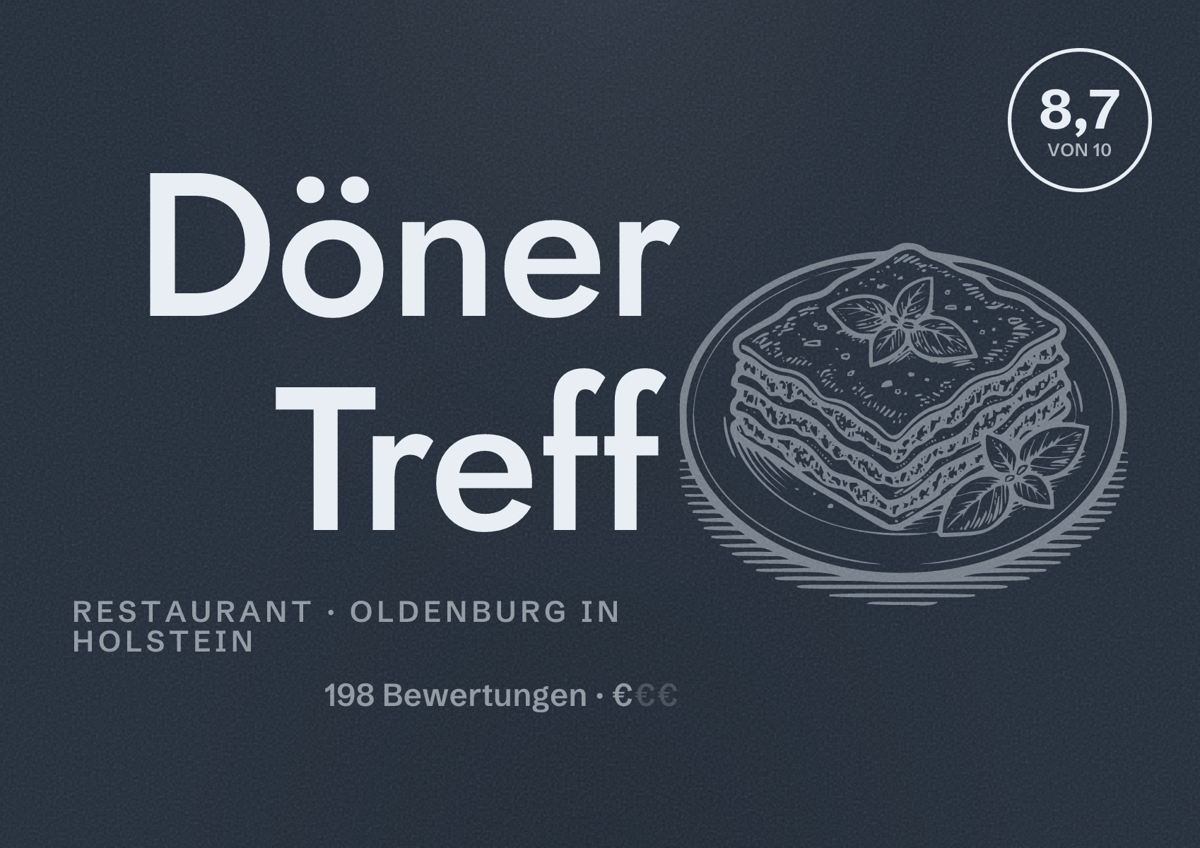 Illustriertes Poster von Döner Treff, Restaurant in Oldenburg in Holstein: Bewertung 8,7 von 10 aus 198 Bewertungen, Preisniveau €