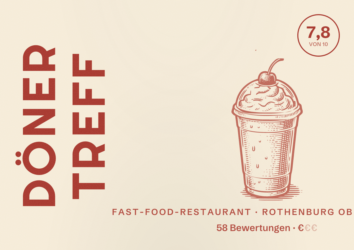 Illustriertes Poster von Döner Treff, Fast-Food-Restaurant in Rothenburg ob der Tauber: Bewertung 7,8 von 10 aus 58 Bewertungen, Preisniveau €