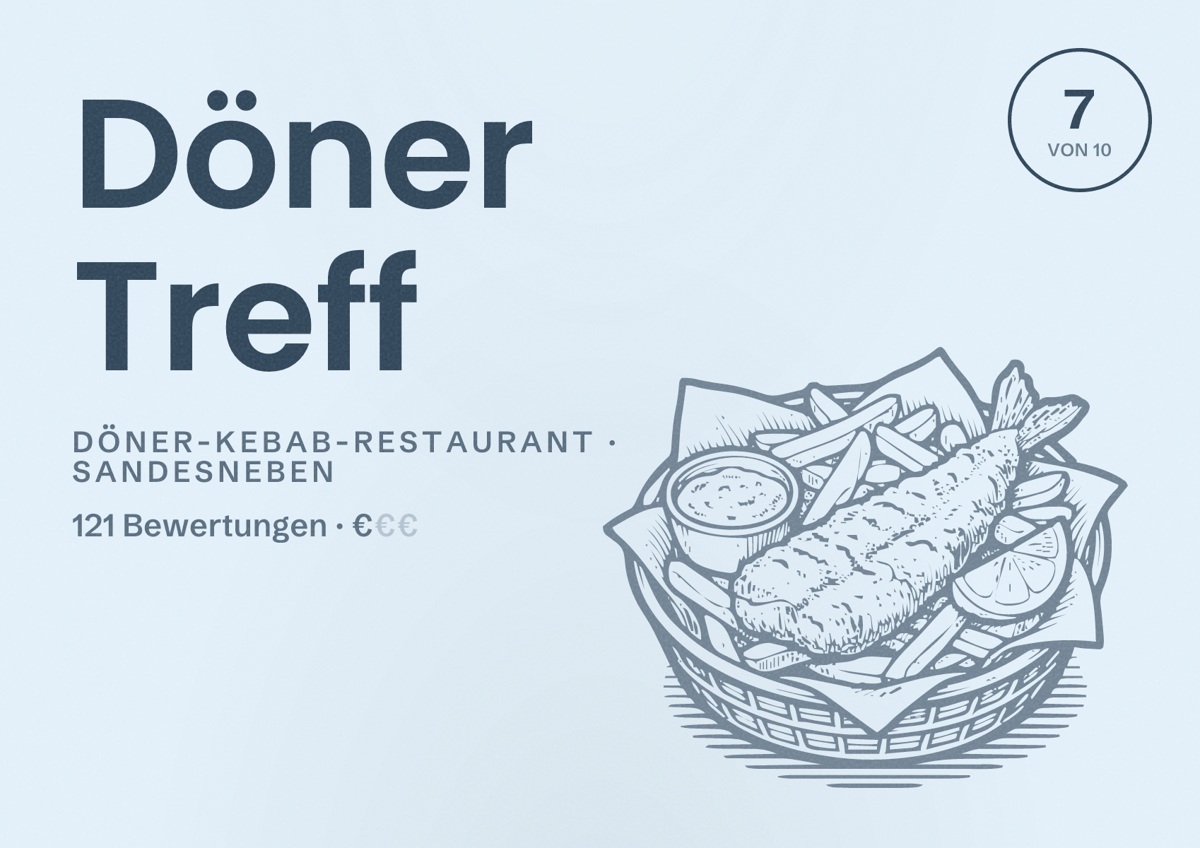 Illustriertes Poster von Döner Treff, Döner-Kebab-Restaurant in Sandesneben: Bewertung 7 von 10 aus 121 Bewertungen, Preisniveau €