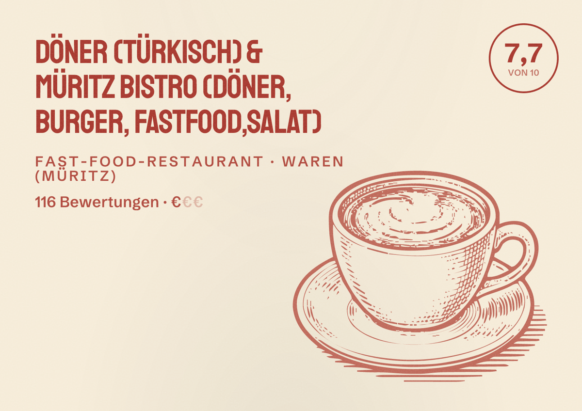 Illustriertes Poster von Döner (Türkisch) & Müritz Bistro (Döner, Burger, Fastfood,Salat), Fast-Food-Restaurant in Waren (Müritz): Bewertung 7,7 von 10 aus 116 Bewertungen, Preisniveau €
