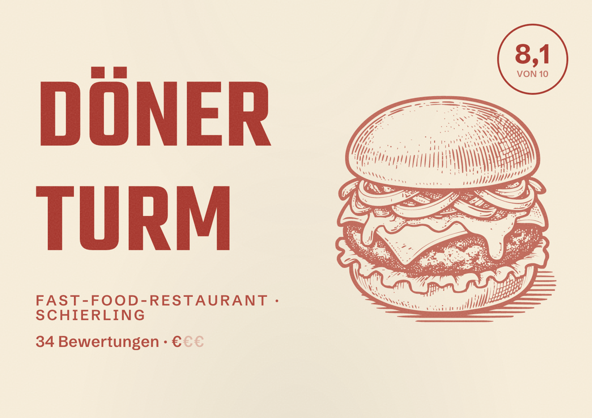 Illustriertes Poster von DÖNER Turm, Fast-Food-Restaurant in Schierling: Bewertung 8,1 von 10 aus 34 Bewertungen, Preisniveau €