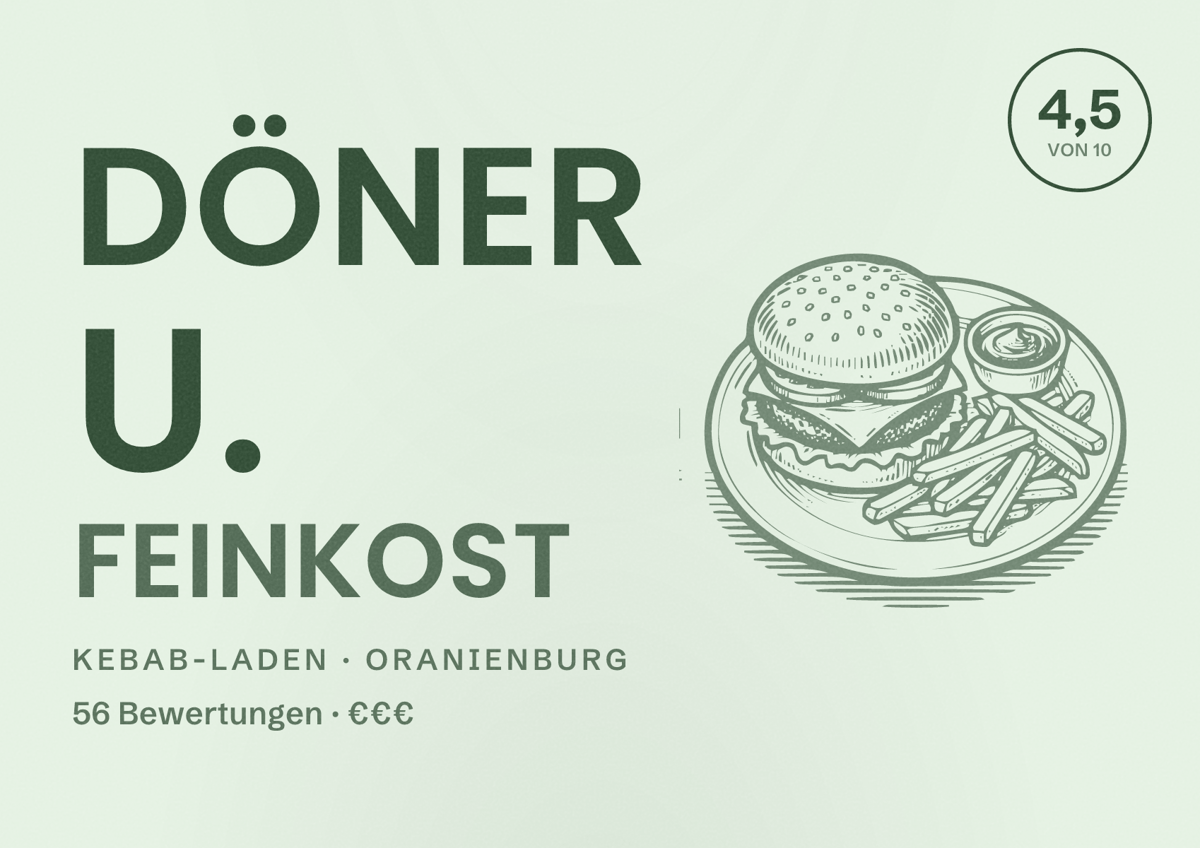 Illustriertes Poster von Döner u. Feinkost, Kebab-Laden in Oranienburg: Bewertung 4,5 von 10 aus 56 Bewertungen, Preisniveau €€€