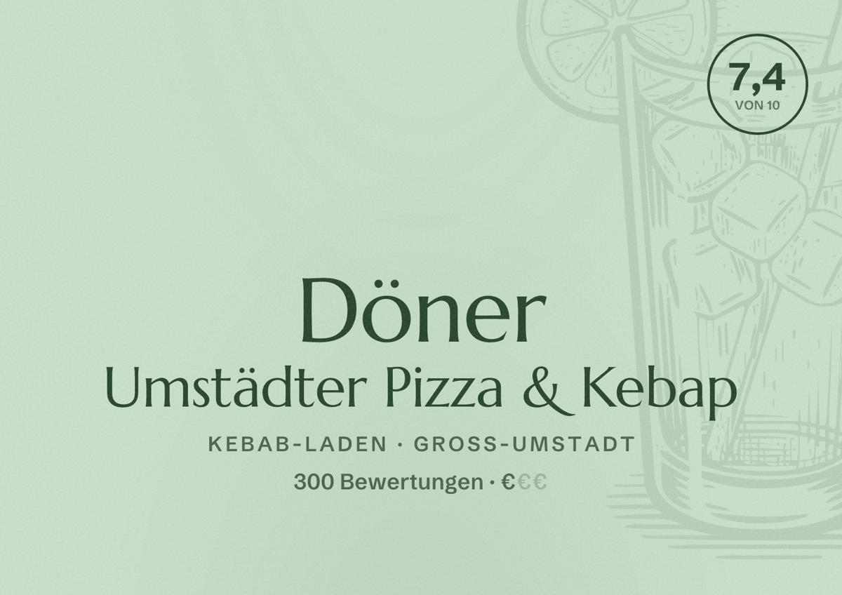 Illustriertes Poster von Döner Umstädter Pizza & Kebap, Kebab-Laden in Groß-Umstadt: Bewertung 7,4 von 10 aus 300 Bewertungen, Preisniveau €