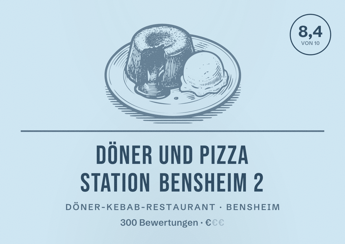 Illustriertes Poster von Döner Und Pizza Station Bensheim 2, Döner-Kebab-Restaurant in Bensheim: Bewertung 8,4 von 10 aus 300 Bewertungen, Preisniveau €