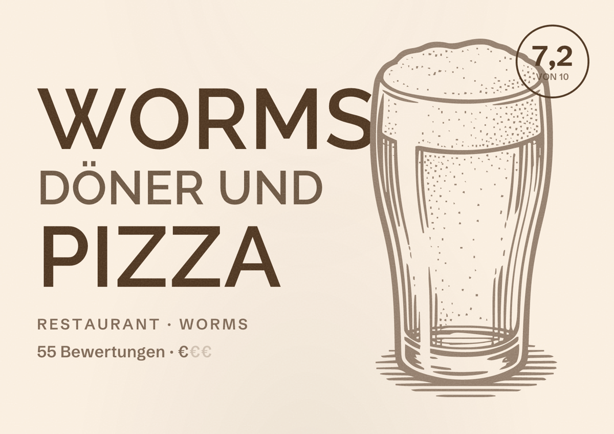 Illustriertes Poster von Worms Döner und Pizza, Restaurant in Worms: Bewertung 7,2 von 10 aus 55 Bewertungen, Preisniveau €