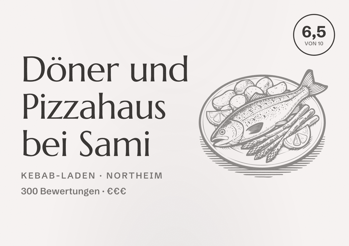 Illustriertes Poster von Döner und Pizzahaus bei Sami, Kebab-Laden in Northeim: Bewertung 6,5 von 10 aus 300 Bewertungen, Preisniveau €€€