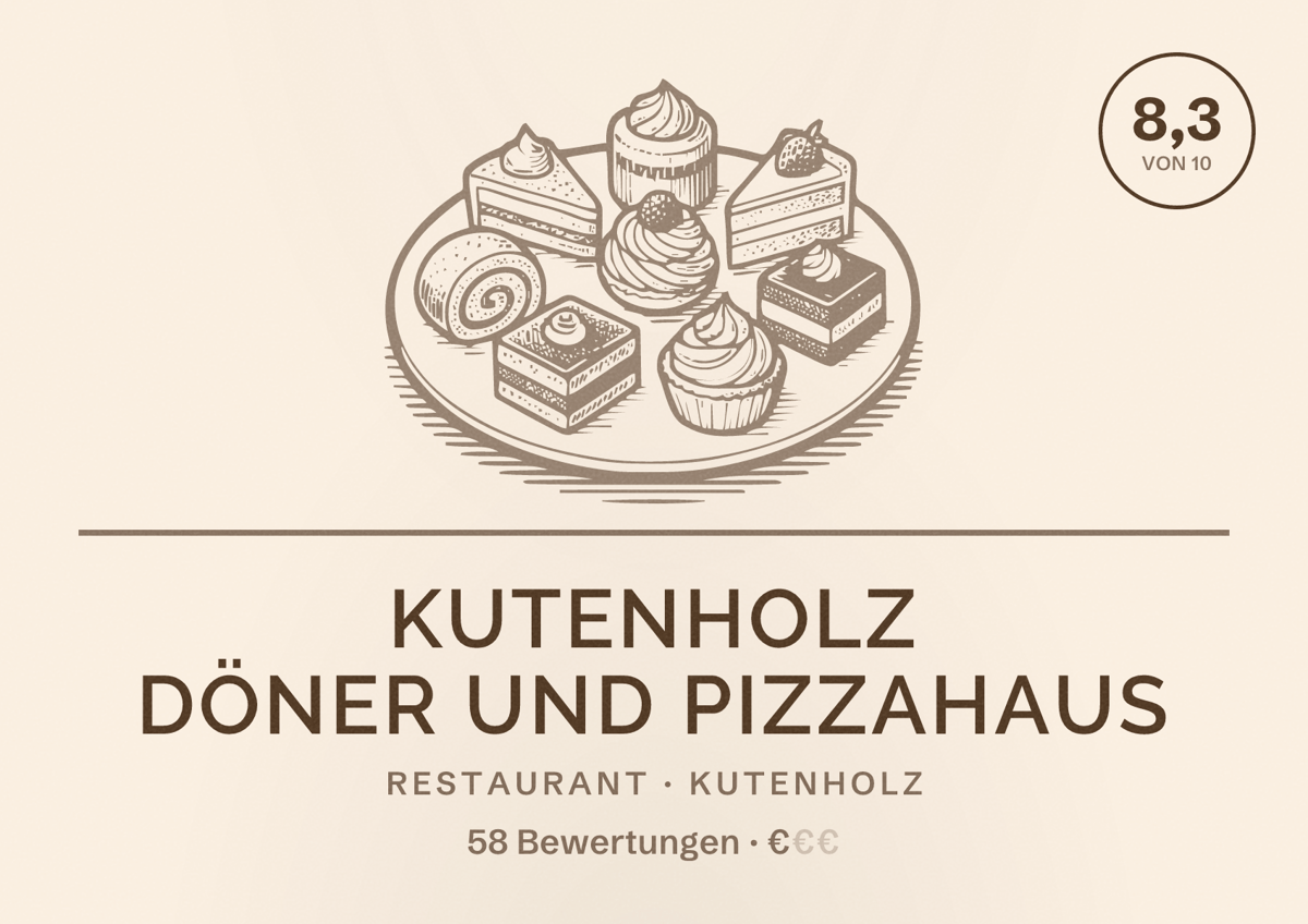 Illustriertes Poster von Kutenholz Döner und Pizzahaus, Restaurant in Kutenholz: Bewertung 8,3 von 10 aus 58 Bewertungen, Preisniveau €