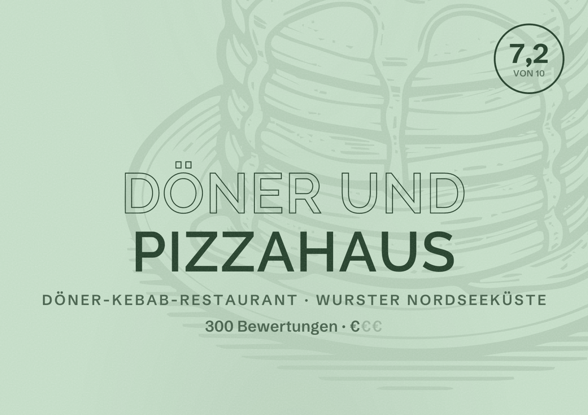 Illustriertes Poster von Döner und Pizzahaus, Döner-Kebab-Restaurant in Wurster Nordseeküste: Bewertung 7,2 von 10 aus 300 Bewertungen, Preisniveau €