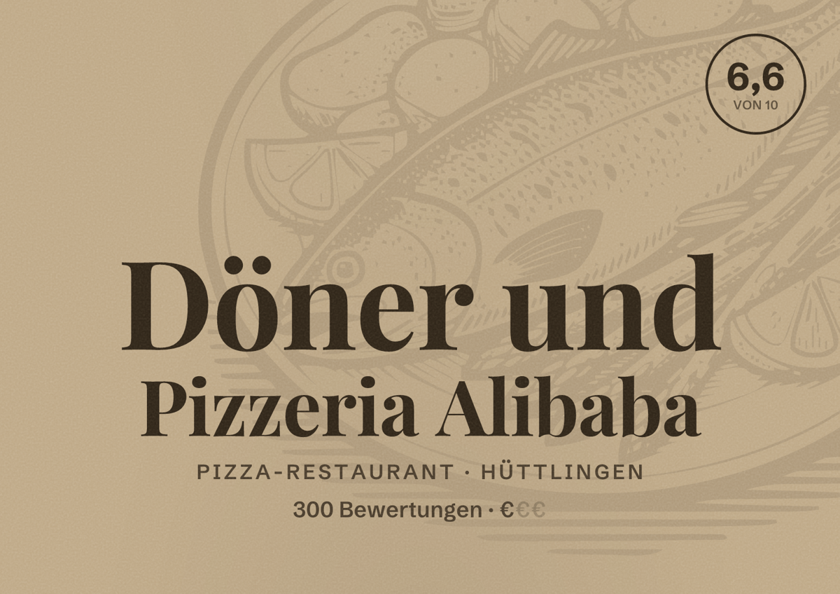 Illustriertes Poster von Döner und Pizzeria Alibaba, Pizza-Restaurant in Hüttlingen: Bewertung 6,6 von 10 aus 300 Bewertungen, Preisniveau €