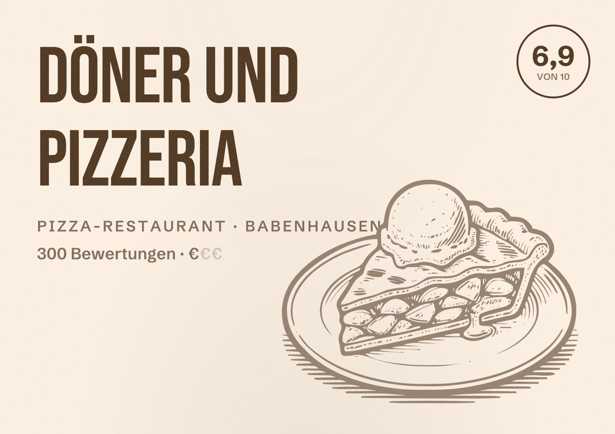 Illustriertes Poster von Döner und Pizzeria, Pizza-Restaurant in Babenhausen: Bewertung 6,9 von 10 aus 300 Bewertungen, Preisniveau €