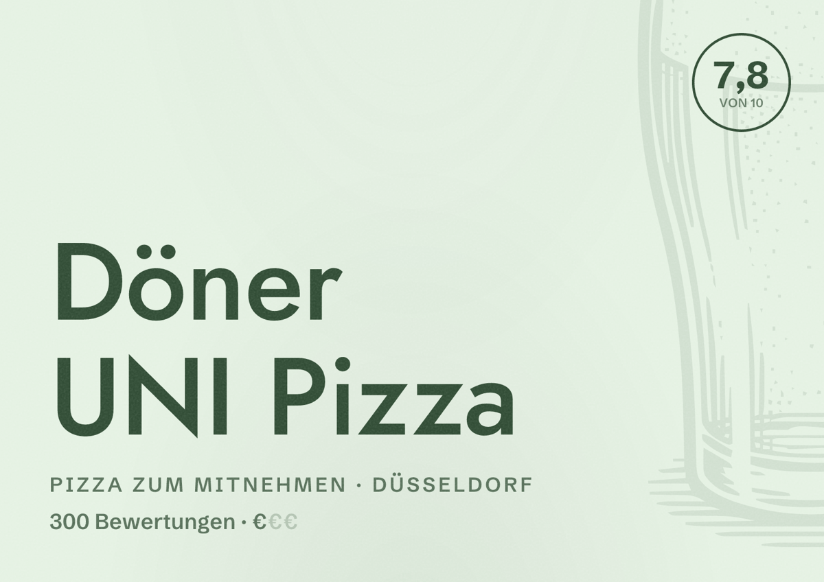 Illustriertes Poster von Döner UNI Pizza, Pizza zum Mitnehmen in Düsseldorf: Bewertung 7,8 von 10 aus 300 Bewertungen, Preisniveau €