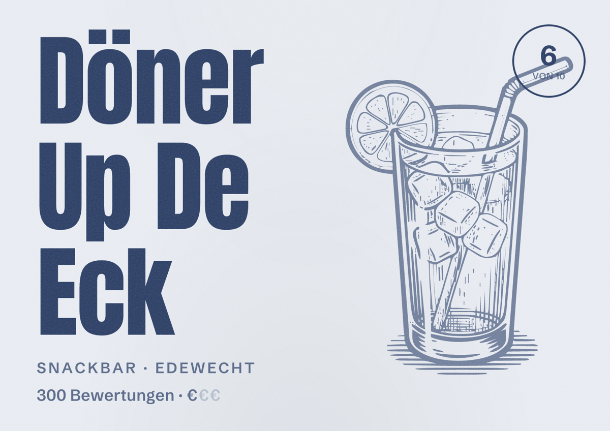 Illustriertes Poster von Döner Up De Eck, Snackbar in Edewecht: Bewertung 6 von 10 aus 300 Bewertungen, Preisniveau €