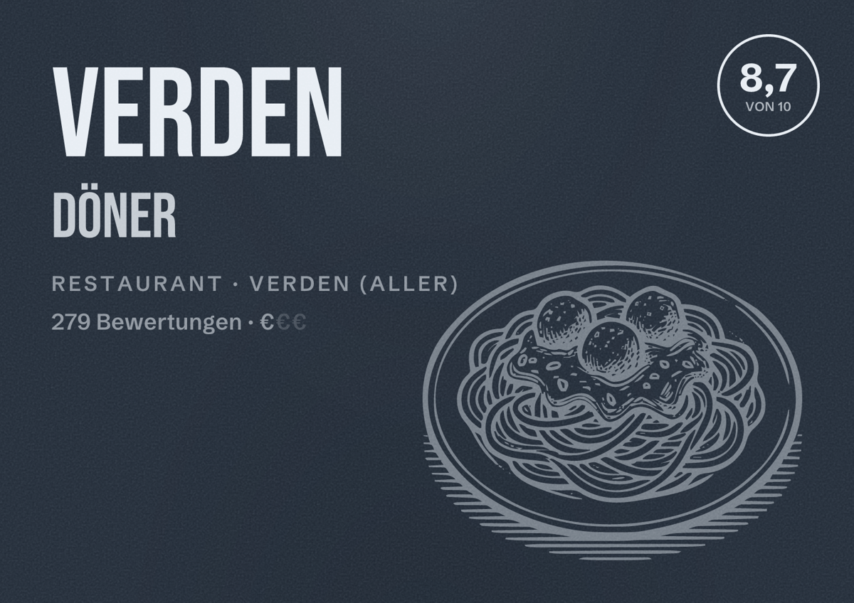 Illustriertes Poster von Verden Döner, Restaurant in Verden (Aller): Bewertung 8,7 von 10 aus 279 Bewertungen, Preisniveau €