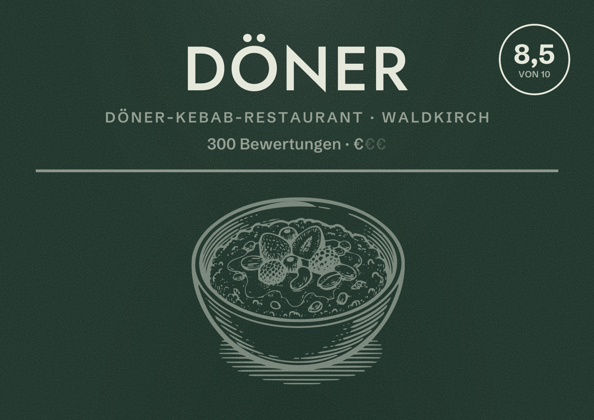 Illustriertes Poster von Döner, Döner-Kebab-Restaurant in Waldkirch: Bewertung 8,5 von 10 aus 300 Bewertungen, Preisniveau €