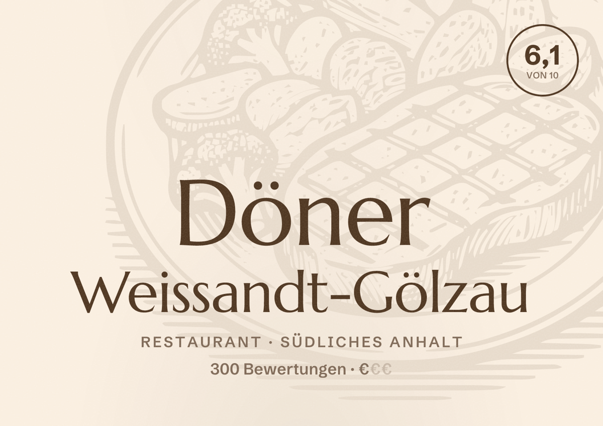Illustriertes Poster von Döner Weissandt-Gölzau, Restaurant in Südliches Anhalt: Bewertung 6,1 von 10 aus 300 Bewertungen, Preisniveau €