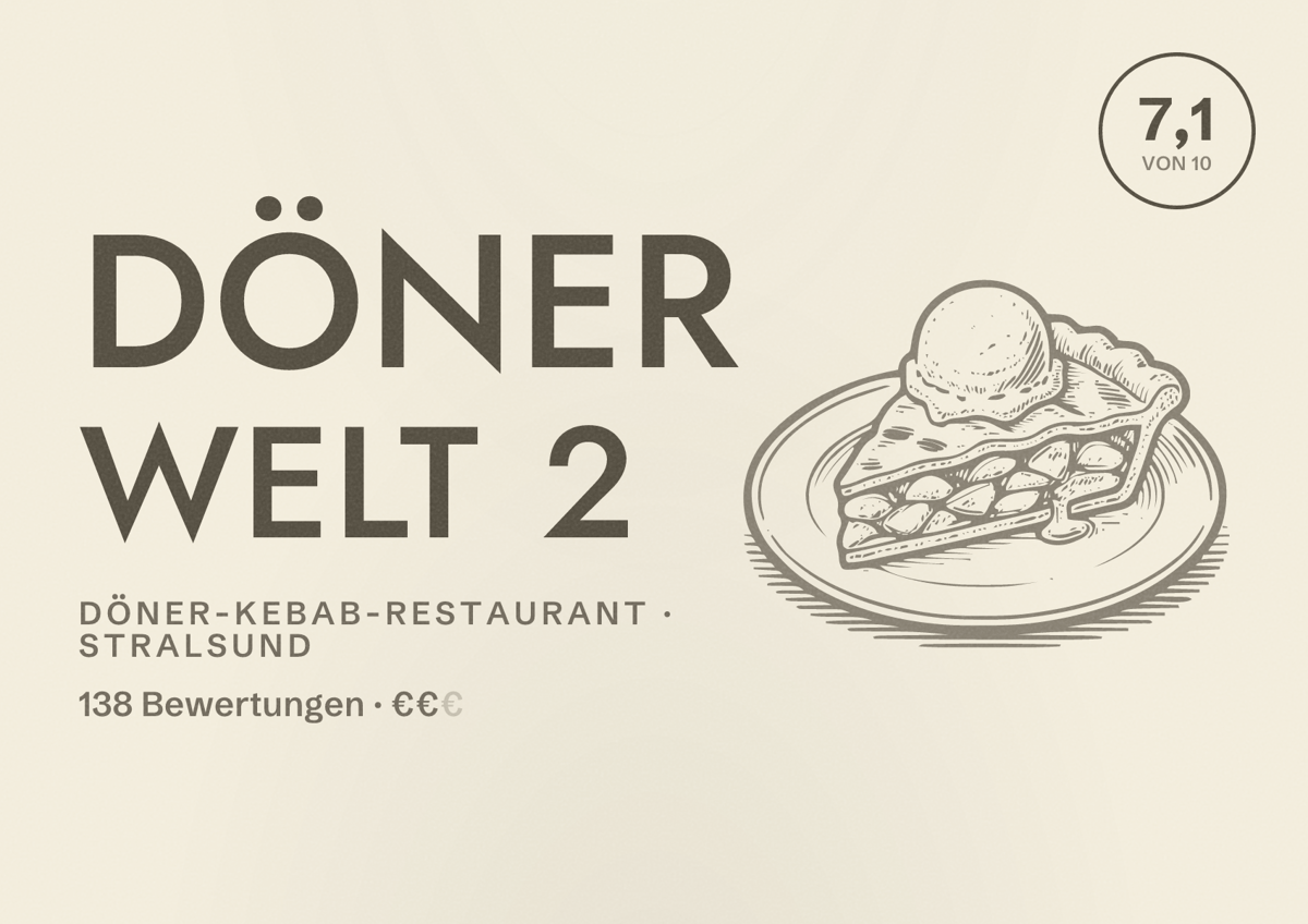 Illustriertes Poster von Döner Welt 2, Döner-Kebab-Restaurant in Stralsund: Bewertung 7,1 von 10 aus 138 Bewertungen, Preisniveau €€