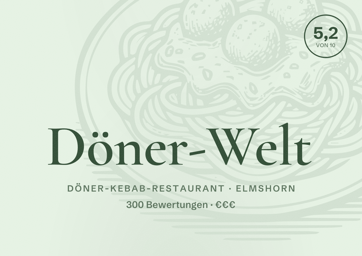 Illustriertes Poster von Döner-Welt, Döner-Kebab-Restaurant in Elmshorn: Bewertung 5,2 von 10 aus 300 Bewertungen, Preisniveau €€€