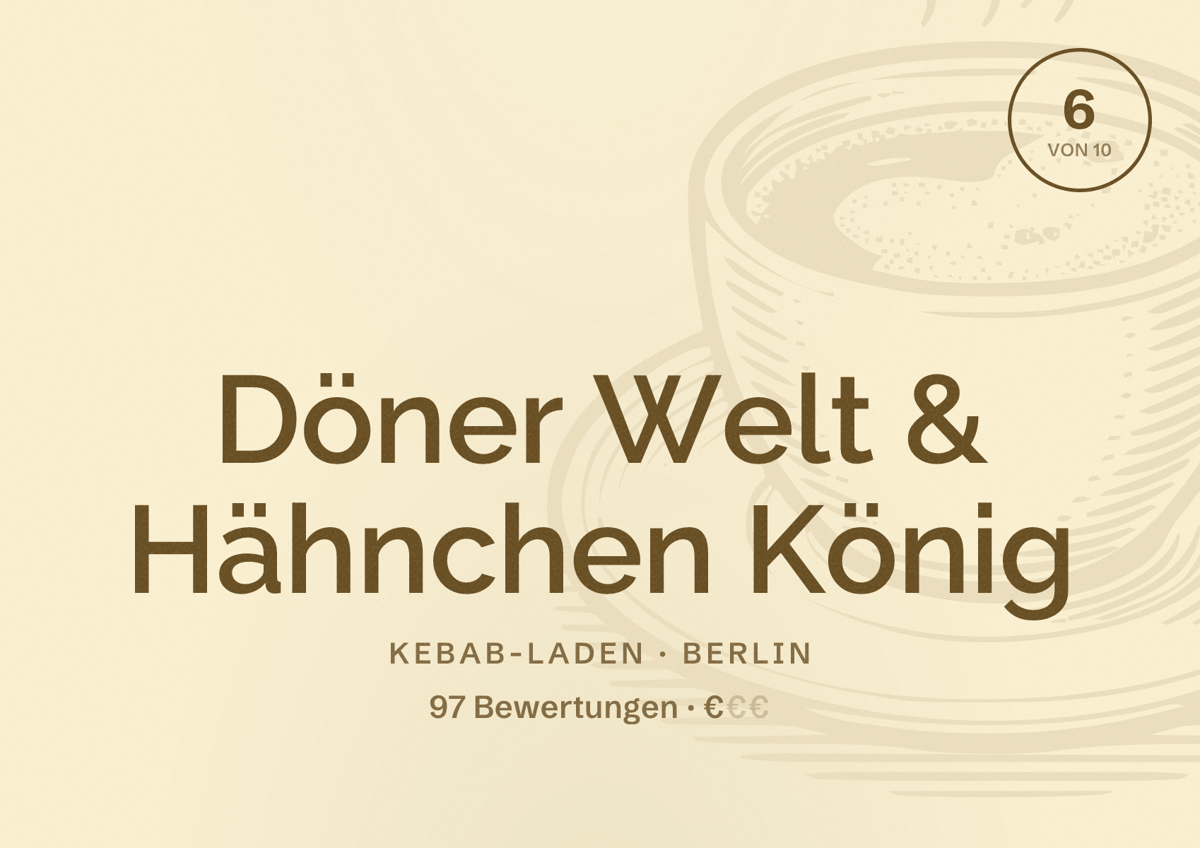 Illustriertes Poster von Döner Welt & Hähnchen König, Kebab-Laden in Berlin: Bewertung 6,0 von 10 aus 97 Bewertungen, Preisniveau €