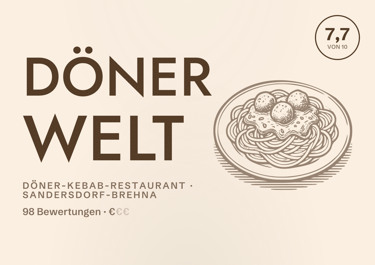 Illustriertes Poster von Döner Welt, Döner-Kebab-Restaurant in Sandersdorf-Brehna: Bewertung 7,7 von 10 aus 98 Bewertungen, Preisniveau €