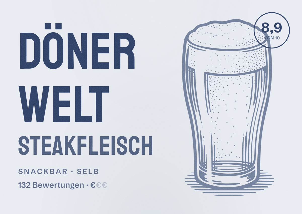 Illustriertes Poster von Döner Welt Steakfleisch, Snackbar in Selb: Bewertung 8,9 von 10 aus 132 Bewertungen, Preisniveau €