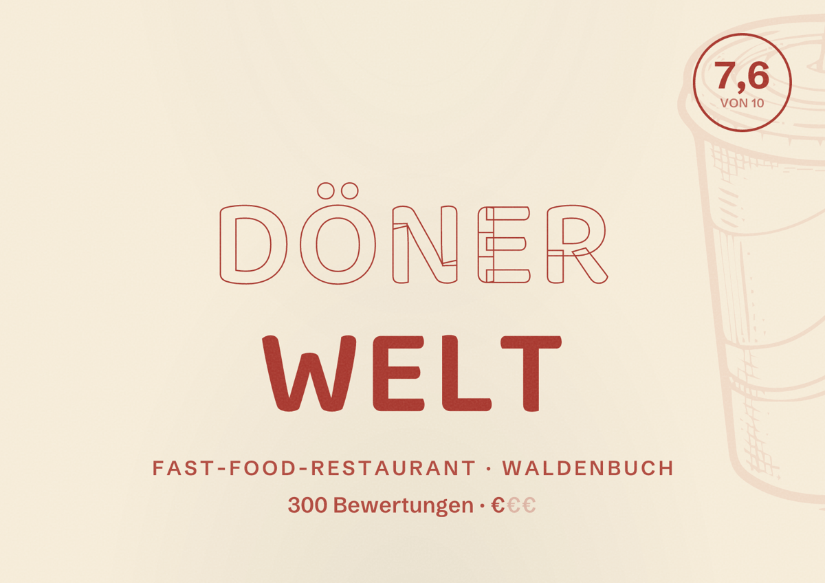 Illustriertes Poster von Döner Welt, Fast-Food-Restaurant in Waldenbuch: Bewertung 7,6 von 10 aus 300 Bewertungen, Preisniveau €