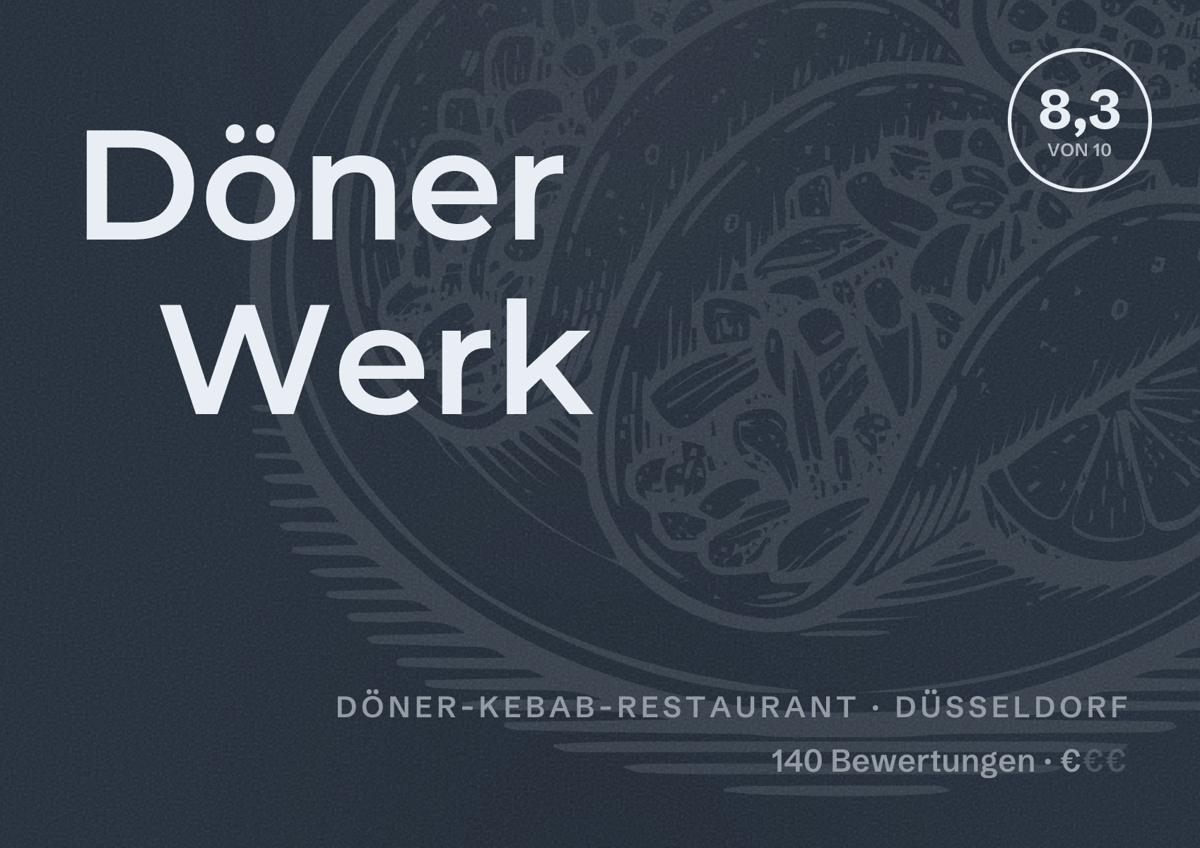 Illustriertes Poster von Döner Werk, Döner-Kebab-Restaurant in Düsseldorf: Bewertung 8,3 von 10 aus 140 Bewertungen, Preisniveau €