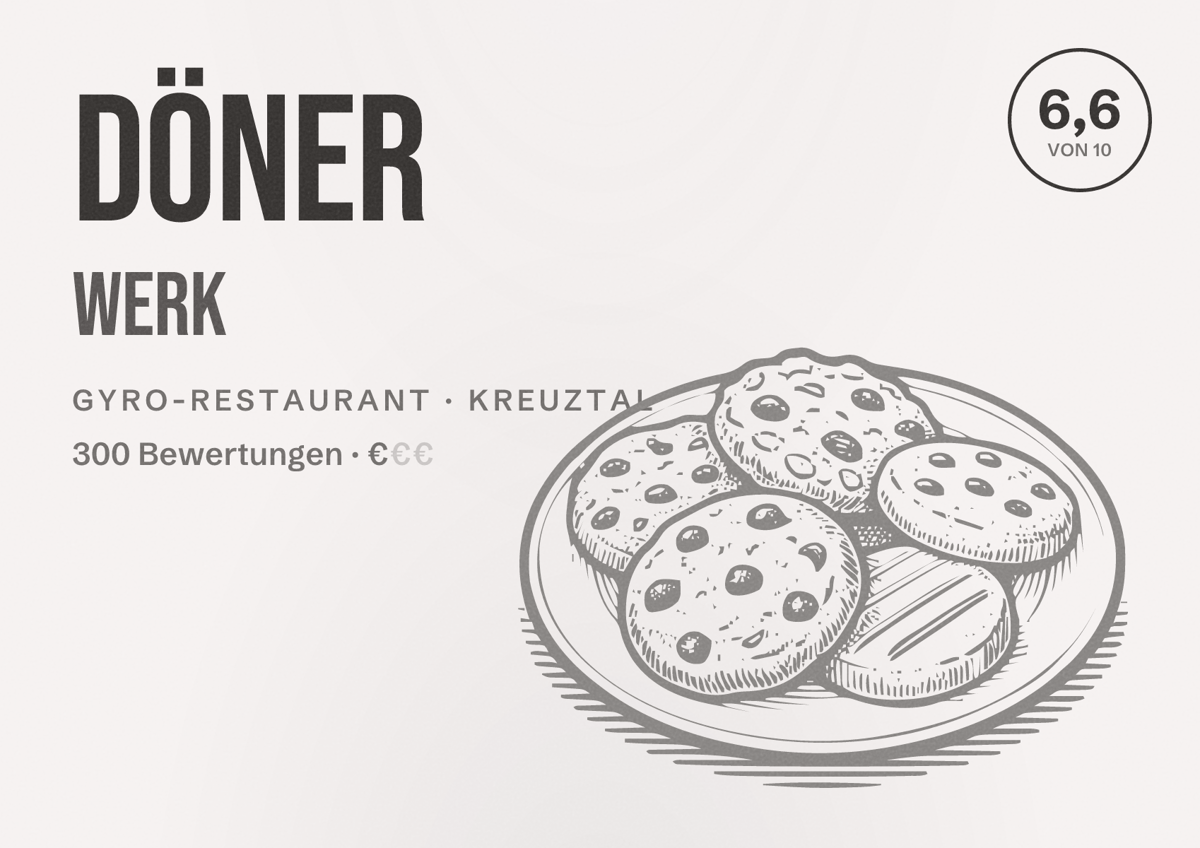Illustriertes Poster von Döner Werk, Gyro-Restaurant in Kreuztal: Bewertung 6,6 von 10 aus 300 Bewertungen, Preisniveau €