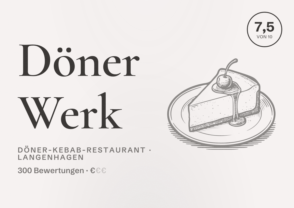 Illustriertes Poster von Döner Werk, Döner-Kebab-Restaurant in Langenhagen: Bewertung 7,5 von 10 aus 300 Bewertungen, Preisniveau €