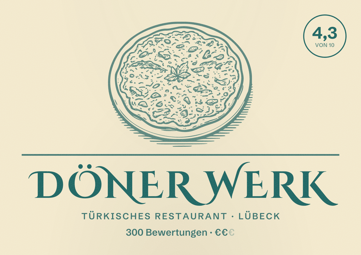 Illustriertes Poster von Döner Werk, Türkisches Restaurant in Lübeck: Bewertung 4,3 von 10 aus 300 Bewertungen, Preisniveau €€