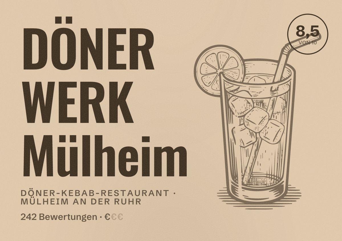 Illustriertes Poster von DÖNER WERK Mülheim, Döner-Kebab-Restaurant in Mülheim an der Ruhr: Bewertung 8,5 von 10 aus 242 Bewertungen, Preisniveau €