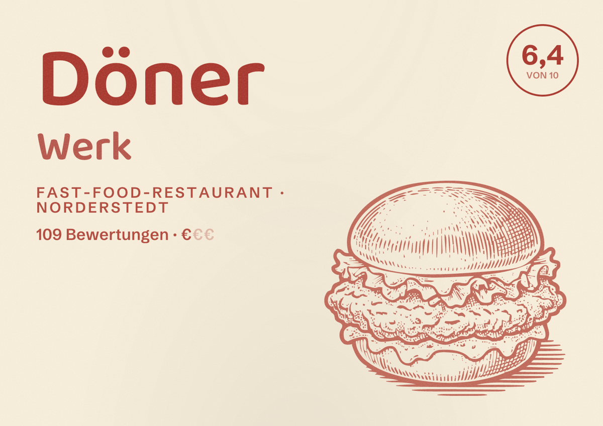 Illustriertes Poster von Döner Werk, Fast-Food-Restaurant in Norderstedt: Bewertung 6,4 von 10 aus 109 Bewertungen, Preisniveau €