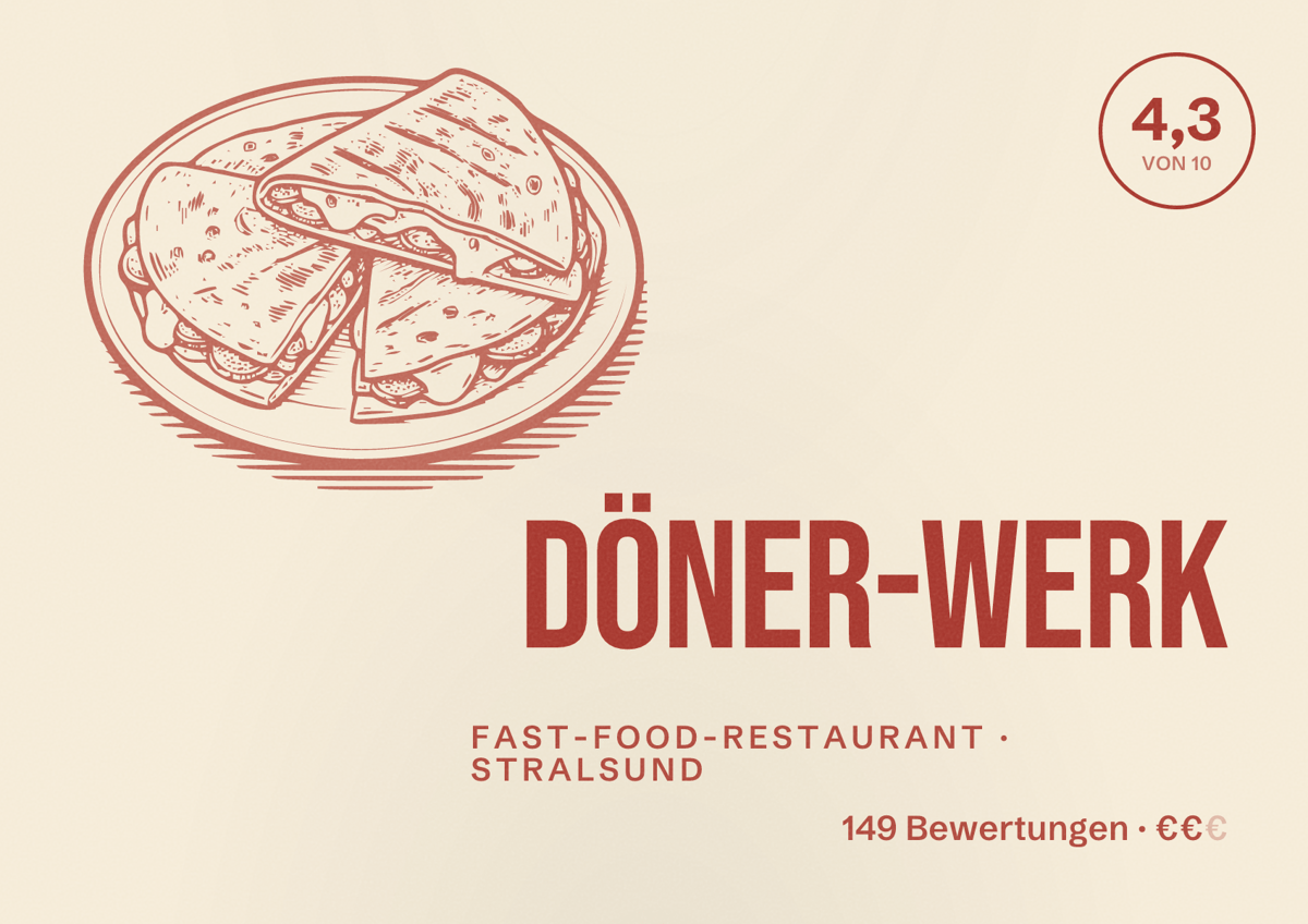 Illustriertes Poster von Döner-Werk, Fast-Food-Restaurant in Stralsund: Bewertung 4,3 von 10 aus 149 Bewertungen, Preisniveau €€
