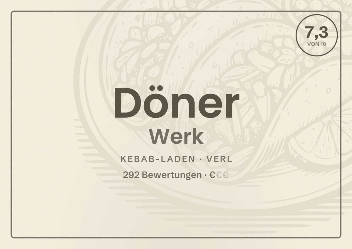 Illustriertes Poster von Döner Werk, Kebab-Laden in Verl: Bewertung 7,3 von 10 aus 292 Bewertungen, Preisniveau €