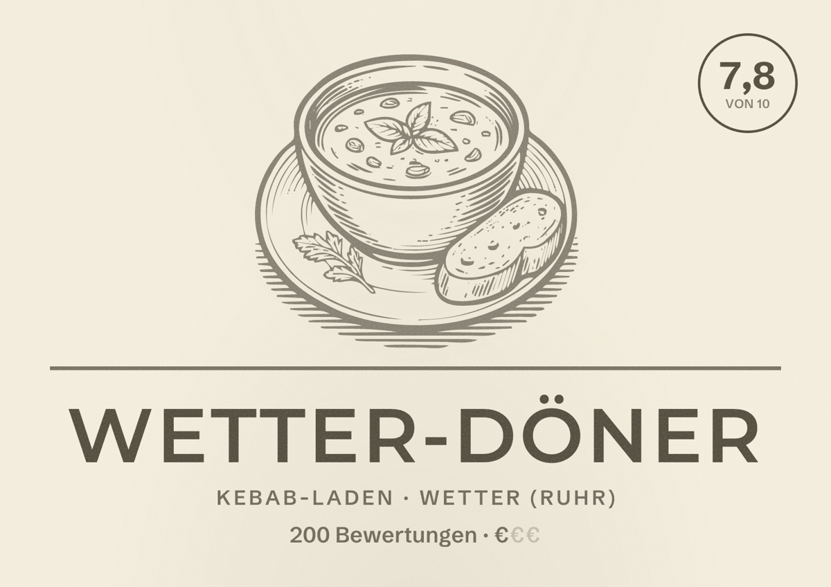 Illustriertes Poster von Wetter-Döner, Kebab-Laden in Wetter (Ruhr): Bewertung 7,8 von 10 aus 200 Bewertungen, Preisniveau €