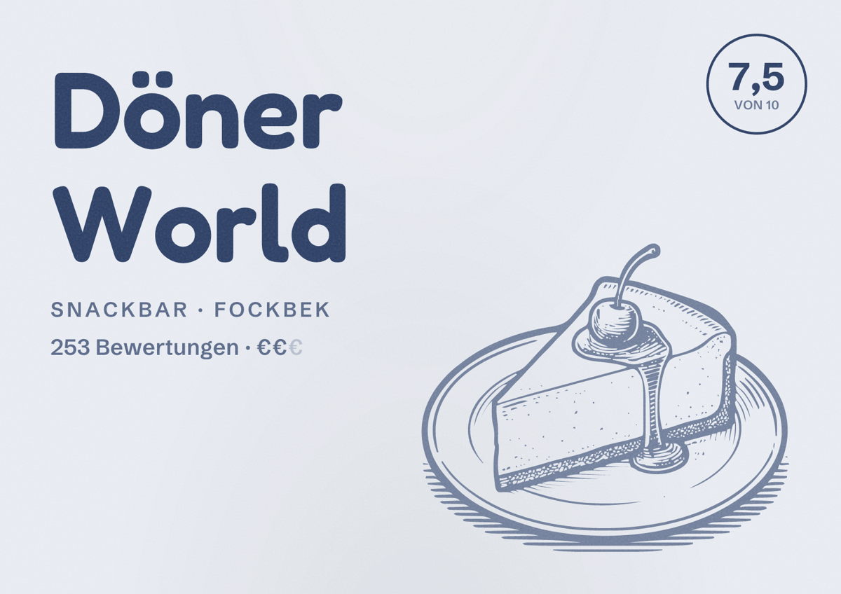 Illustriertes Poster von Döner World, Snackbar in Fockbek: Bewertung 7,5 von 10 aus 253 Bewertungen, Preisniveau €€
